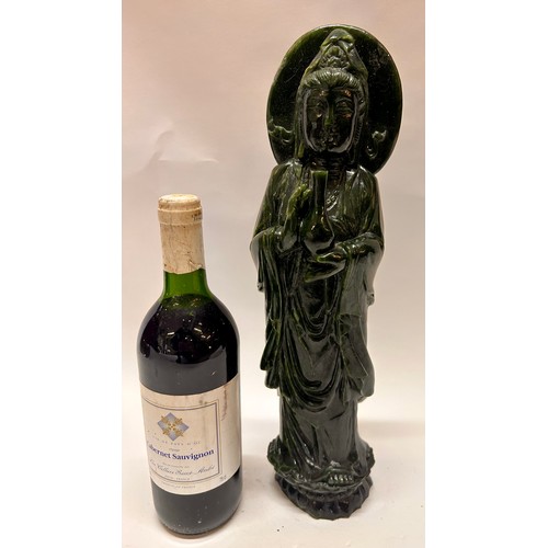 593 - A Large Chinese Dark Green Jade (Possibly Spinach Jade) Figure Of Guanyin 40cm x 9cm x 8cm.