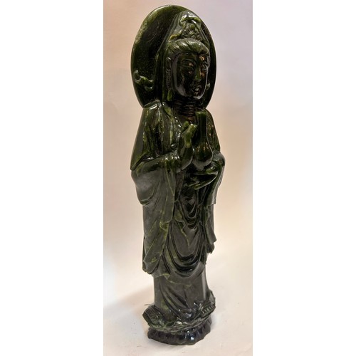 593 - A Large Chinese Dark Green Jade (Possibly Spinach Jade) Figure Of Guanyin 40cm x 9cm x 8cm.