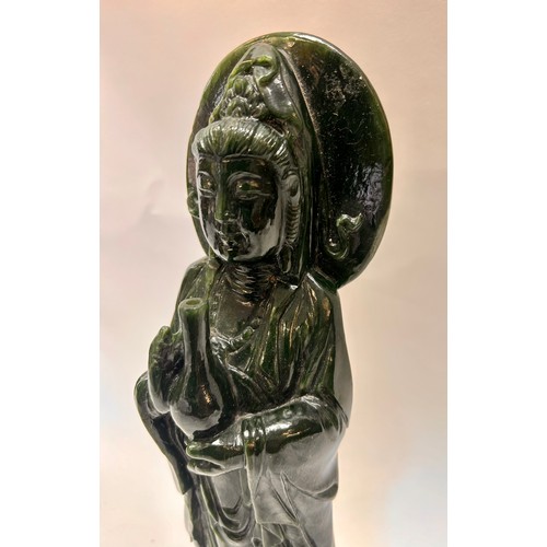 593 - A Large Chinese Dark Green Jade (Possibly Spinach Jade) Figure Of Guanyin 40cm x 9cm x 8cm.