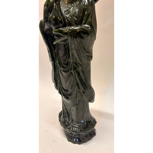 593 - A Large Chinese Dark Green Jade (Possibly Spinach Jade) Figure Of Guanyin 40cm x 9cm x 8cm.