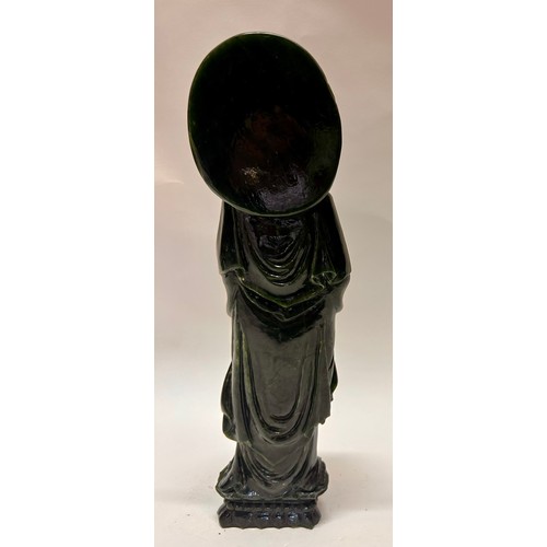 593 - A Large Chinese Dark Green Jade (Possibly Spinach Jade) Figure Of Guanyin 40cm x 9cm x 8cm.