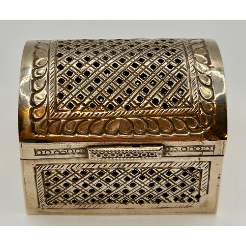 3 - Decorative Pierced Silver Casket / Box Marked 900 . 5.5cm x 4.5cm x 4cm.