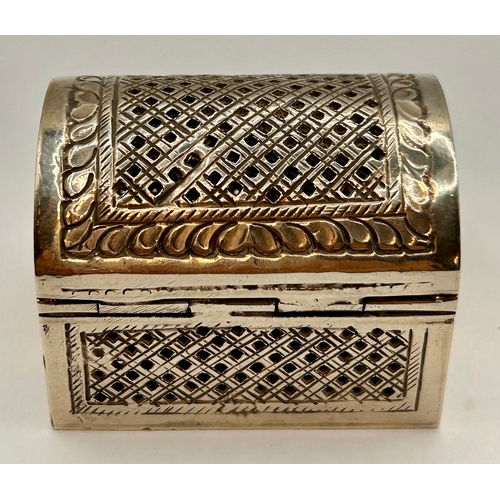 3 - Decorative Pierced Silver Casket / Box Marked 900 . 5.5cm x 4.5cm x 4cm.