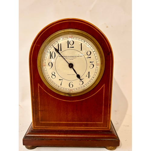 29 - Wooden Cased Mantle Clock, Stamped Gold Smiths & SilverSmiths Company London With Key. 21cm x 15cm x... 