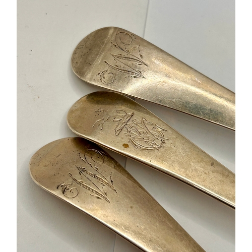 4 - Three Georgian Silver Hallmarked Serving Spoons. Largest 22cm x 4.5cm.   (3) 183grms