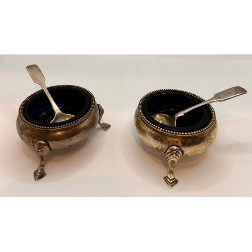 6 - Pair Of Silver Hallmarked Three Footed Salts With Blue Glass Inserts  With Silver Hallmarked Spoons.... 