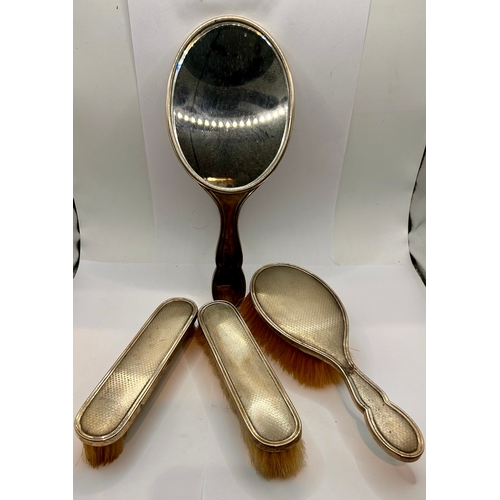 10 - Four Piece Silver Hallmarked Dressing Table Set To Include Mirror, Large Brush And Two Smaller Brush... 