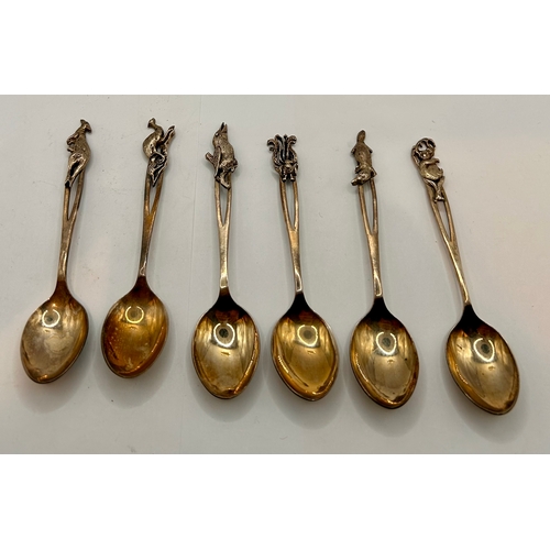 21 - Six European Silver Spoons With Wildlife Figures On Handles In Case. 10cm x 2cm.  (6)