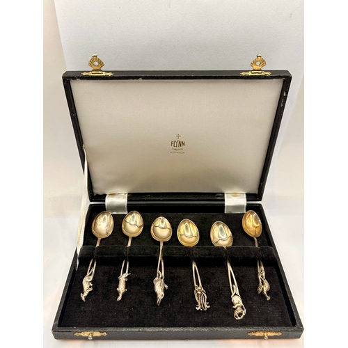 21 - Six European Silver Spoons With Wildlife Figures On Handles In Case. 10cm x 2cm.  (6)