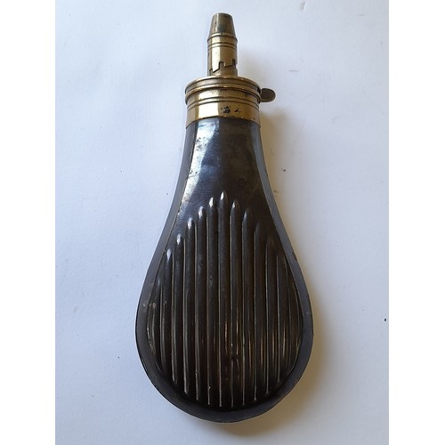 51 - Copper and Brass Powder Flask, Frith Patent stamped, 19.5cm long