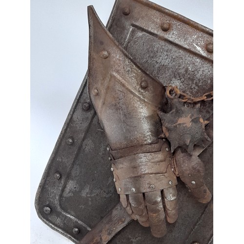 61 - Metal Medieval Style  Shield with mounted Metal glove and Mace, 26cm x 39cm