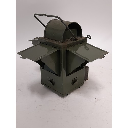 72 - Belgian Military Signal Lamp with Oil Burner, 8.5cm x 8.5cm x 20cm with handle up