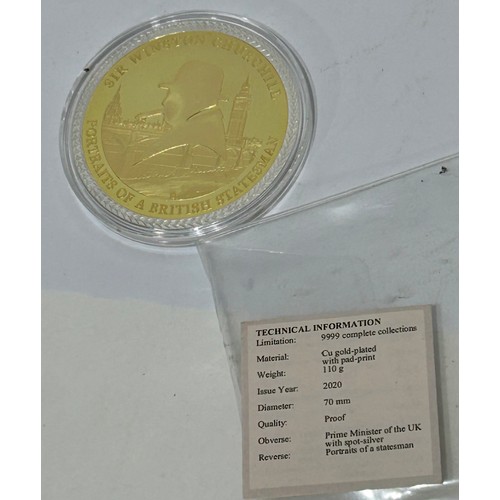 204 - Sir Winston Churchill, Prime Minister of the United Kingdom. Gold plated with pad print coin. 110g. ... 