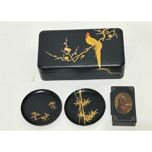 209 - Oriental Lacquer trinket box with cockerel and cherry blossom depiction to include x2 small lacquer ... 