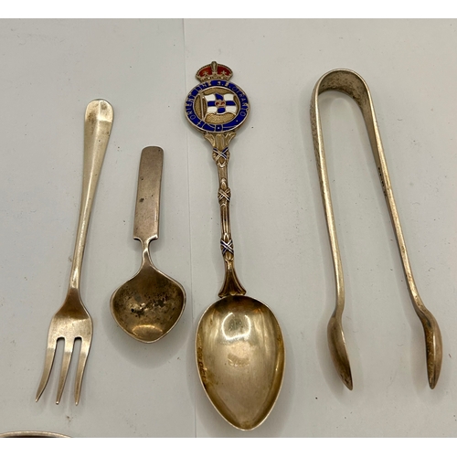 27 - Five Silver Hallmarked Utensils to Include Decorative Spoons, Fork, And Sugar Tongs. Largest 15cm x ... 