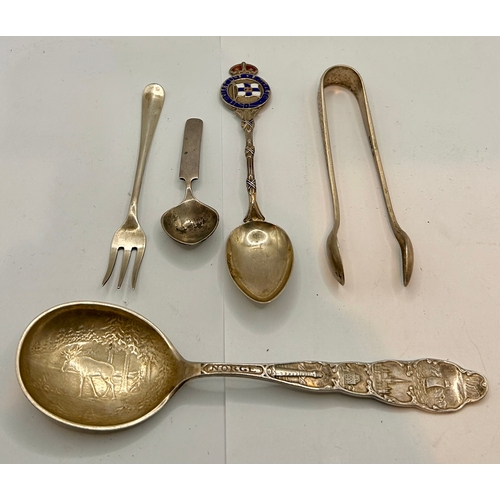 27 - Five Silver Hallmarked Utensils to Include Decorative Spoons, Fork, And Sugar Tongs. Largest 15cm x ... 