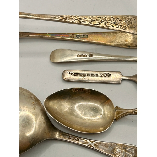 27 - Five Silver Hallmarked Utensils to Include Decorative Spoons, Fork, And Sugar Tongs. Largest 15cm x ... 