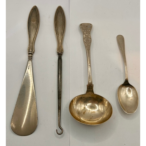 29 - Two Silver Hallmarked Spoons Along With Silver Hallmarked Handled Button Hock, Shoe Horn. Largest 22... 