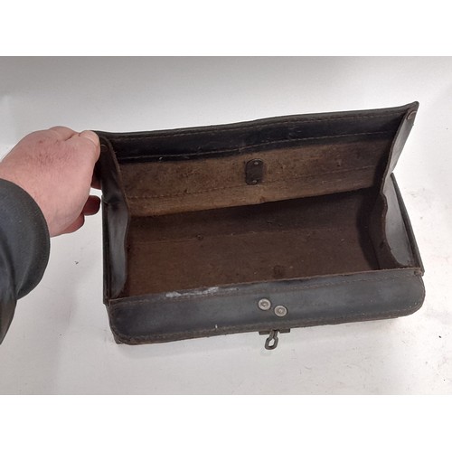 94 - Military Dispatch Riders Tool Box, Metal with leather Lid dated 1942 with Broad Arrow27cm x 9cm x 11... 