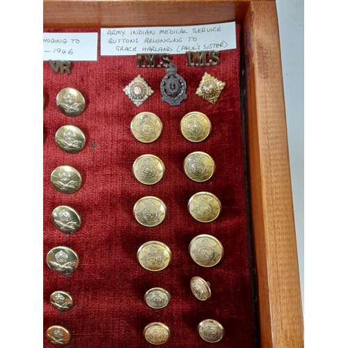 96 - Military Display Case containing A Collection of Military Badges  Buttons and Insignia, 61cm x 30cm ... 