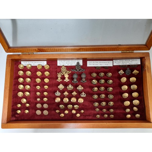 96 - Military Display Case containing A Collection of Military Badges  Buttons and Insignia, 61cm x 30cm ... 