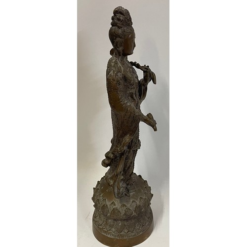 463 - Bronze Chinese Figure Of Guanyin  Holding A Ruyi Scepter. 34cms High