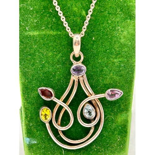 234 - Silver 925 Necklace With 925 Silver Pendant Showing Five Coloured Stones. 33cm x 3.5cm