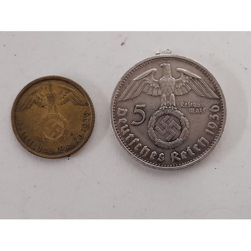 312 - 1936 5 Reichsmark coin and a 10 pfennig coin