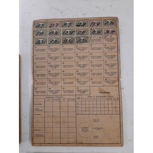 313 - German WW2 Period ephemera, 2 x work books, invalid Fund Contribution Card with Stamps, German Volks... 