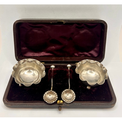 4A - Set Of Silver Hallmarked Salt Cellars With Hallmarked Spoons. 4.5cm x 3cm, 26.25Grams.