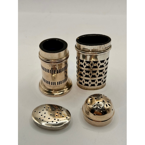 7A - Two Decorative Silver Hallmarked Salt & Pepper Shakers. Largest 5.5cm x 3cm, 82.29Grams.  (2)