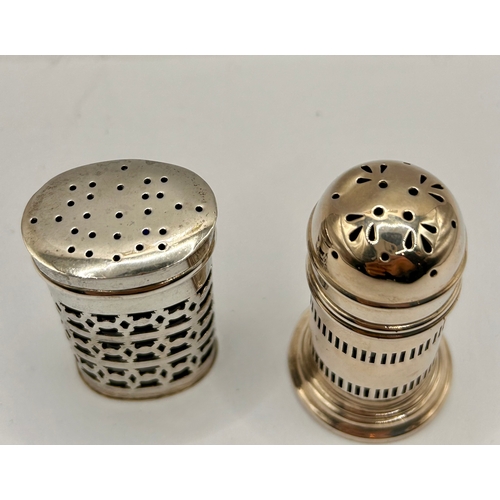 7A - Two Decorative Silver Hallmarked Salt & Pepper Shakers. Largest 5.5cm x 3cm, 82.29Grams.  (2)