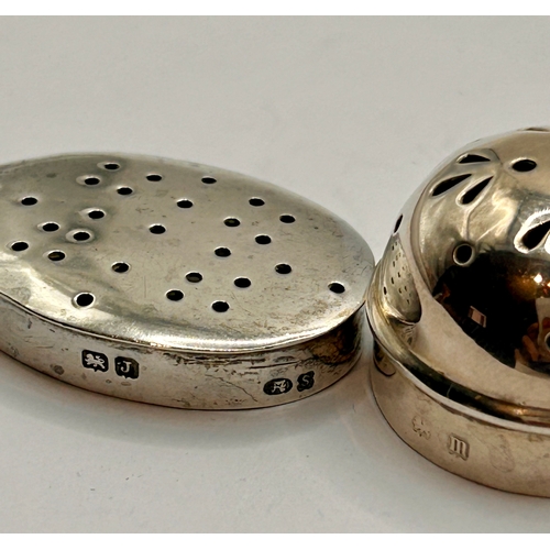 7A - Two Decorative Silver Hallmarked Salt & Pepper Shakers. Largest 5.5cm x 3cm, 82.29Grams.  (2)