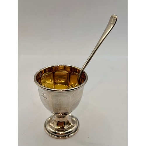 8A - Silver Hallmarked Egg Cup With Hallmarked Spoon In Case. 6cm x 4.5cm, 34.33Grams.