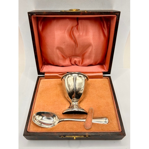 8A - Silver Hallmarked Egg Cup With Hallmarked Spoon In Case. 6cm x 4.5cm, 34.33Grams.