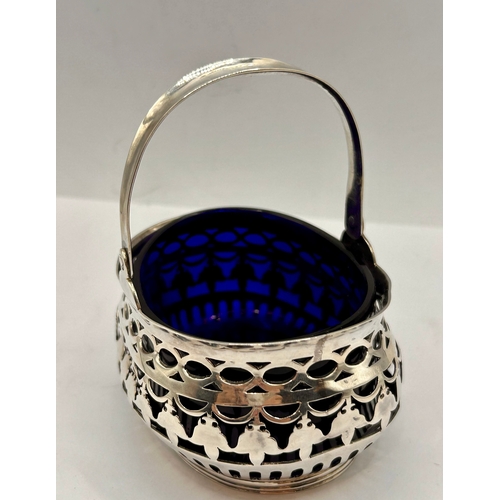 11A - Decorative Silver Hallmarked Swinging Handled Sweet Basket. 10cm x 9cm x 7cm, 154.53grams.