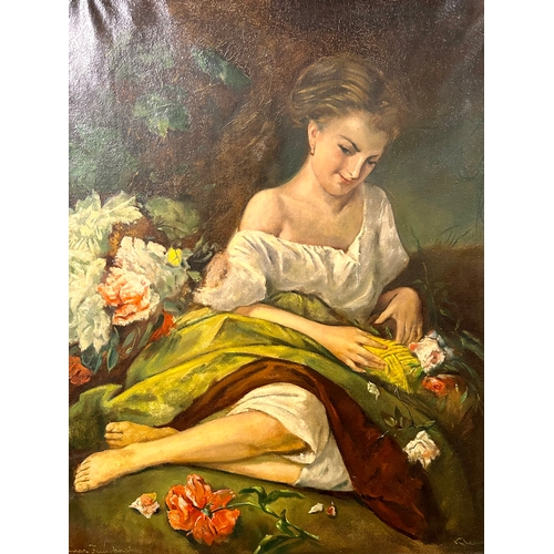 256 - Oil On Canvas Framed Painting Of A Seated  Lady With Flowers , Signed Bottom Right. 90cm x 74cm.