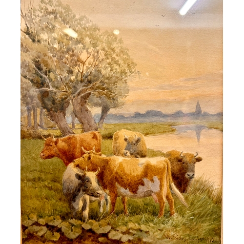 258 - William Sydney Cooper 1854 - 1927 Framed Water Colour Painting Of Cows At Water Signed Bottom Right.... 