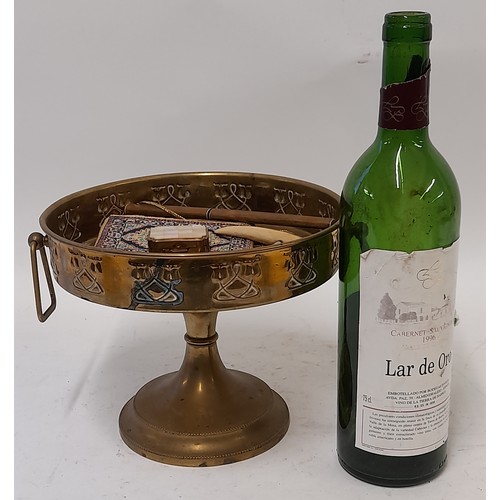 474 - Brass 2 Handle Tazza with contents to include 3 purses, whistle, letter opener, corkscrew and small ... 