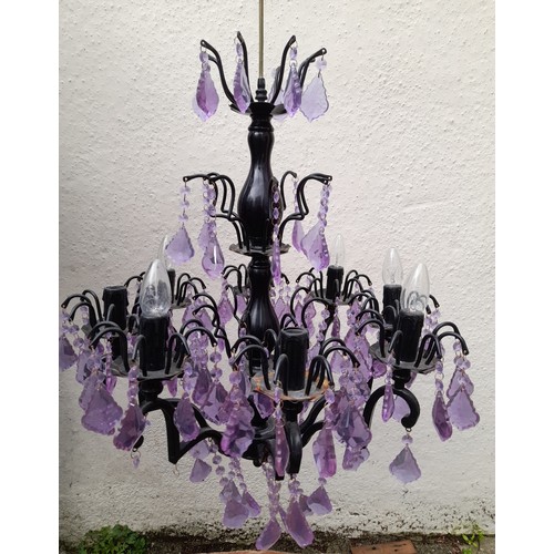 484 - 8 branch chandelier with dark pink / purple droplets, 70cm high x 60cm wide