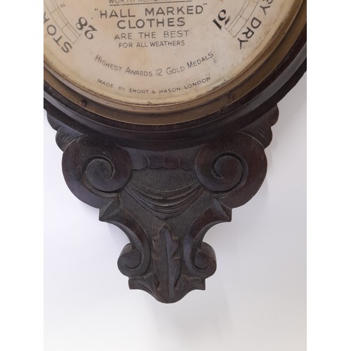 287 - Wall Barometer by Short and Mason with Dial Advertising Harry Hall London, 86cm long