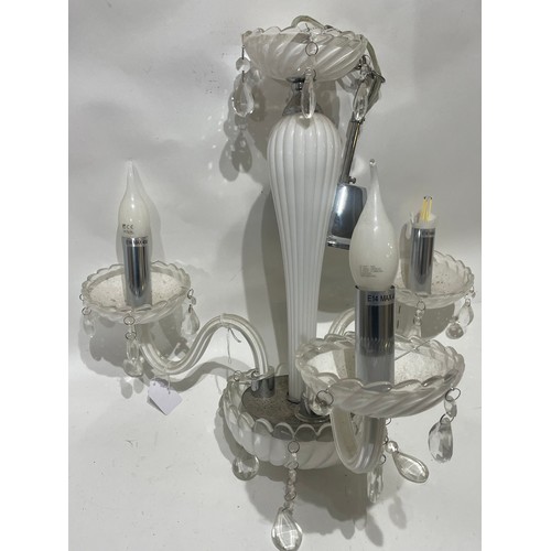 481 - White Glass 3 Branch Chandelier Possibly Murano , 46cm wide x 46cm high plus chain and Rose