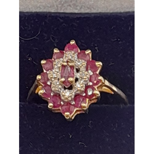 492 - 9ct Gold Ruby and Diamond Cluster Ring in Box, Size O 1/2  2.1gram