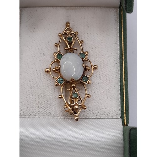 496 - Gold Brooch with Opal and Emeralds, 3.6gram