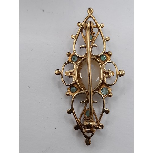 496 - Gold Brooch with Opal and Emeralds, 3.6gram