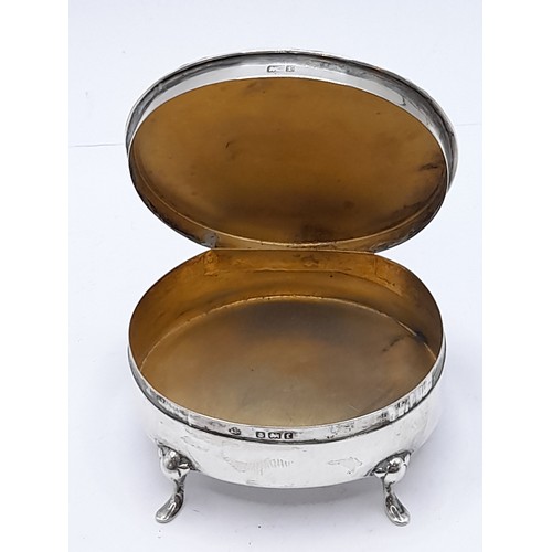 516 - Silver Hallmarked Oval Trinket Box on 4 legs, 41.3 grams