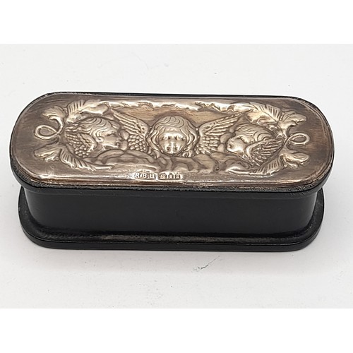 561 - Leather clad trinket box with vintage silver mount to lid, 10cm x 4cm x 3cm