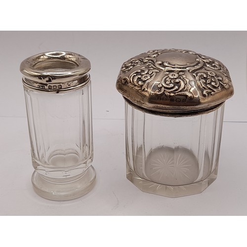 564 - 2 x Glass vessels with Hallmarked Silver Rim/Lid, tallest 7.5cm high