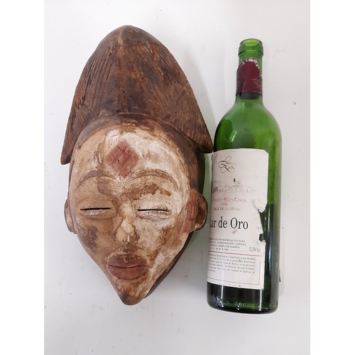 158 - Tribal Punu Face Mask, White Faced Carved wood Mask with Red Detail, 30cm x 18cm