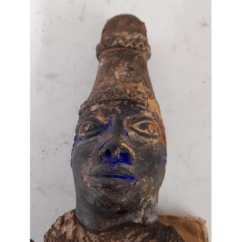 223 - Tribal Figure, Carved wood Cloth bound Fetish figure with Blue face, 22cm long